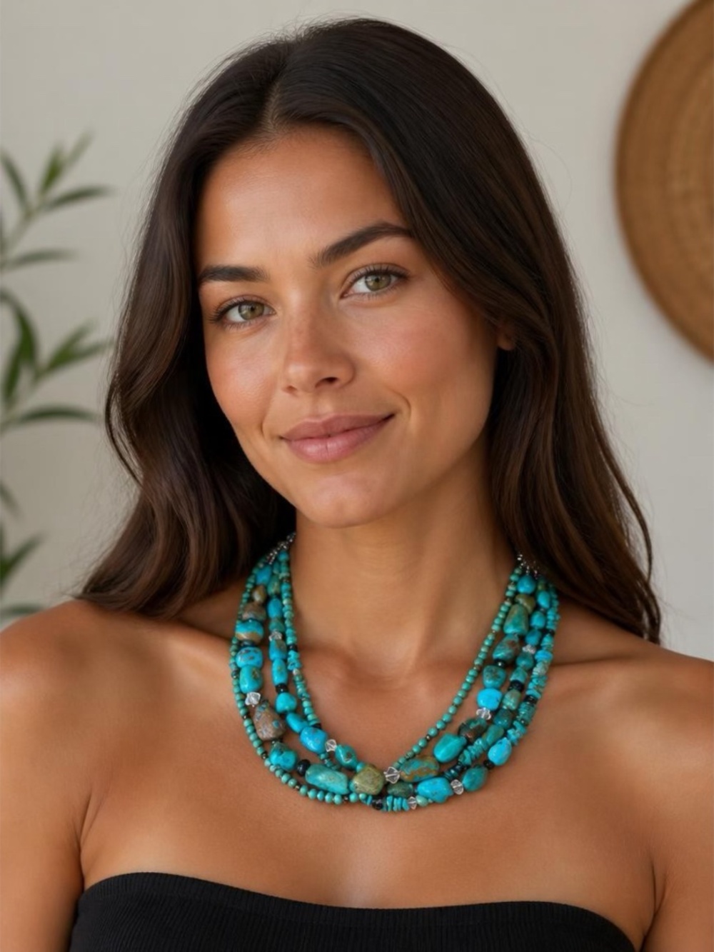 Silpada, Turquoise, Obsidian, Sterling and Crystal Four Strand Necklace 16”